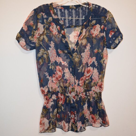 Blue Transparent Poly Beautiful Buttons Down Blouse Short Sleeves Lace Back XS - Picture 9 of 9